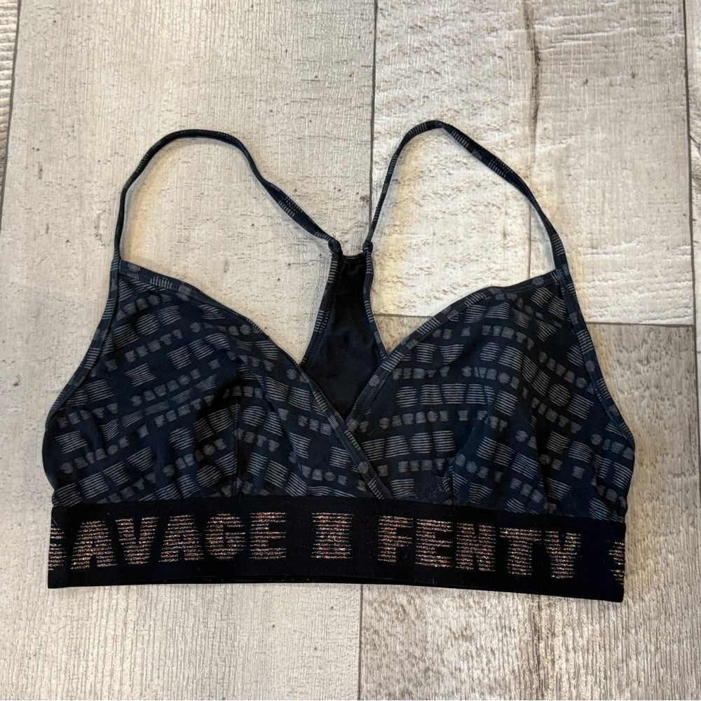 Savage X Fenty Black Grey Logo Bralette Racerback Medium Cotton Blend Loungewear - Picture 1 of 3